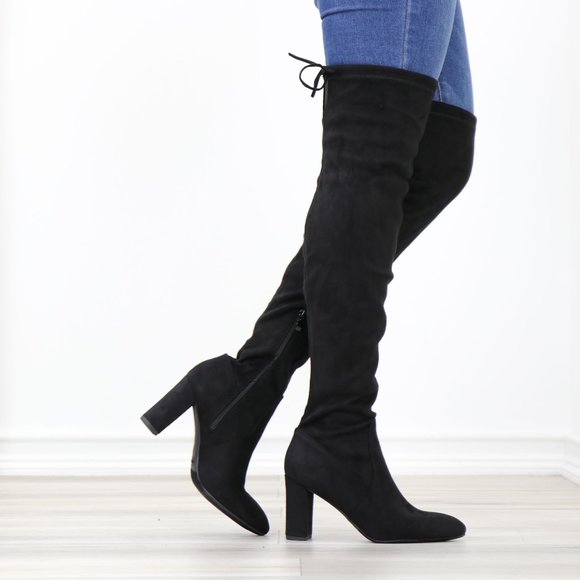Pointy Toe Black Faux Suede Thigh High Over The Knee Block High Heel Boots - Picture 15 of 15